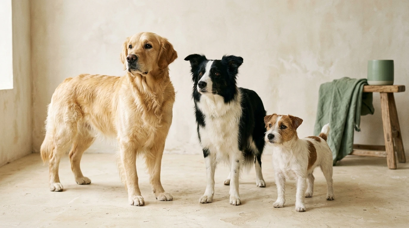 Trois chiens de gabarits différents côte à côte