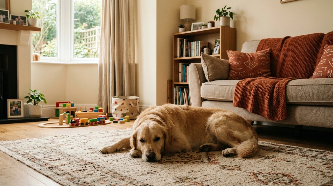 Chien allongé au calme dans un salon familial