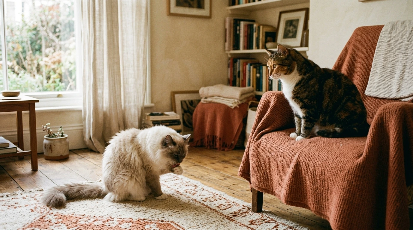 Deux chats de morphologies différentes dans un même intérieur