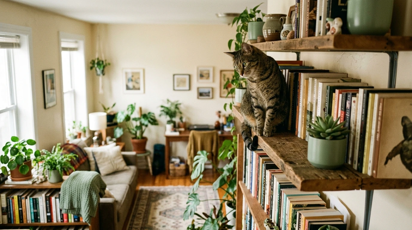 Chat en hauteur sur une étagère d’appartement