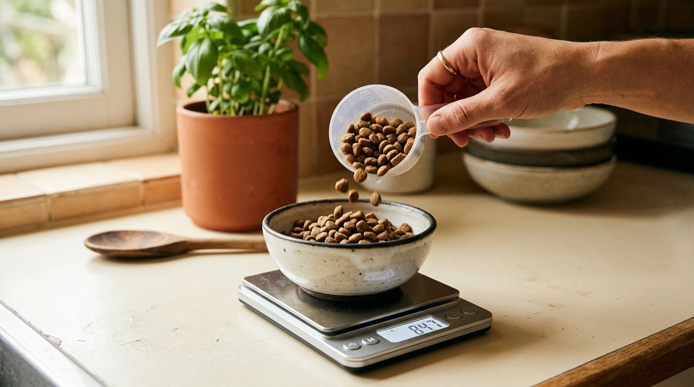 Ration de croquettes pesée sur une balance de cuisine