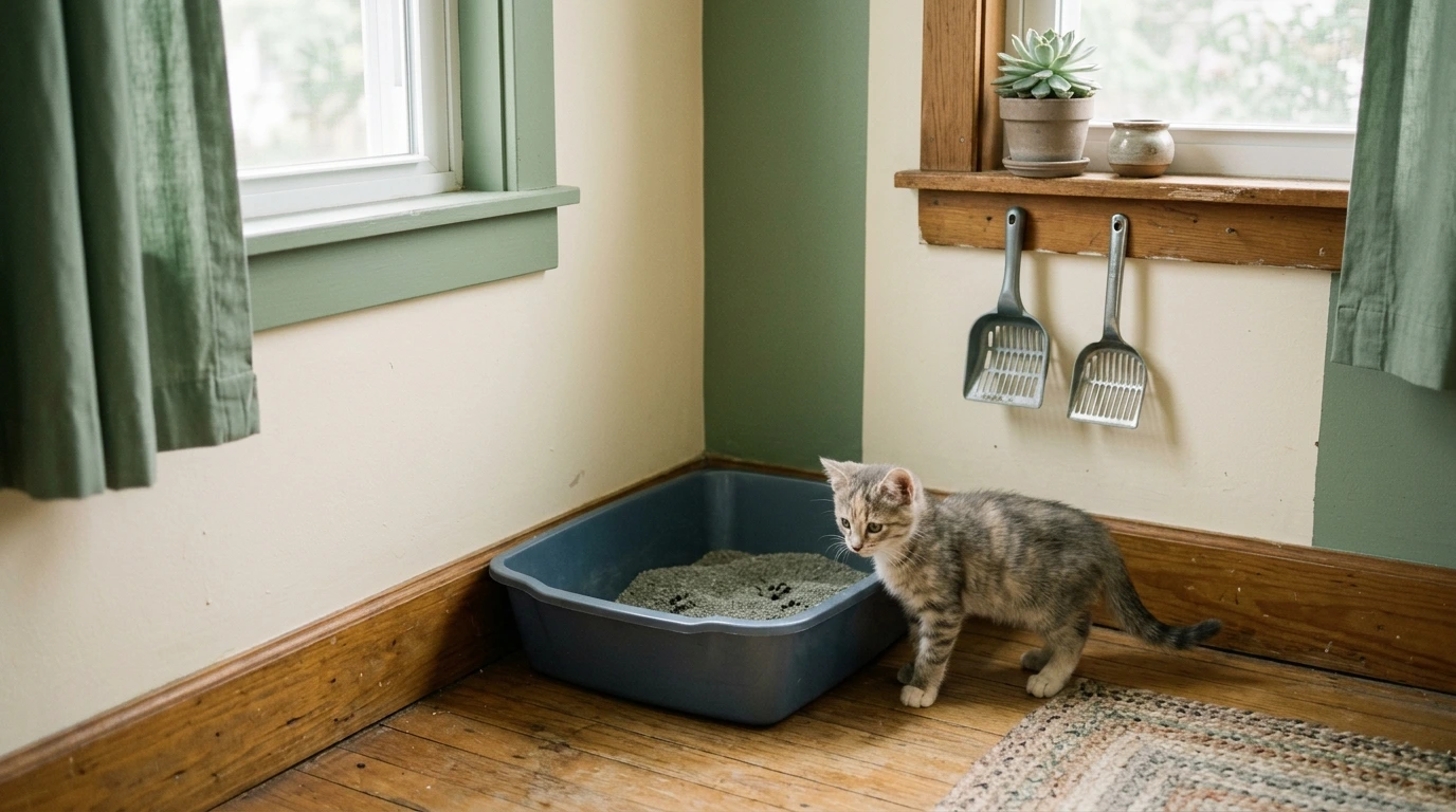 Chaton près de son bac à litière, dans un coin au calme