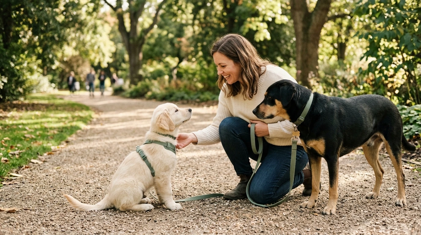 Chiot rencontrant calmement un adulte et un autre chien