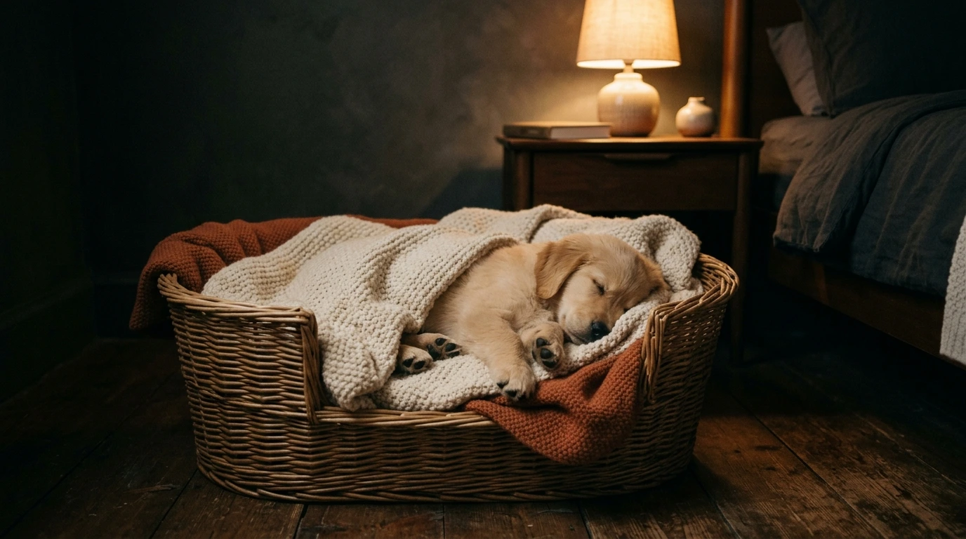 Chiot endormi dans son panier, la nuit