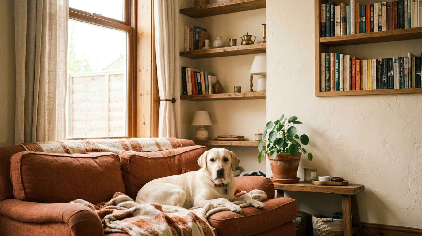 Chien paisiblement installé dans un foyer