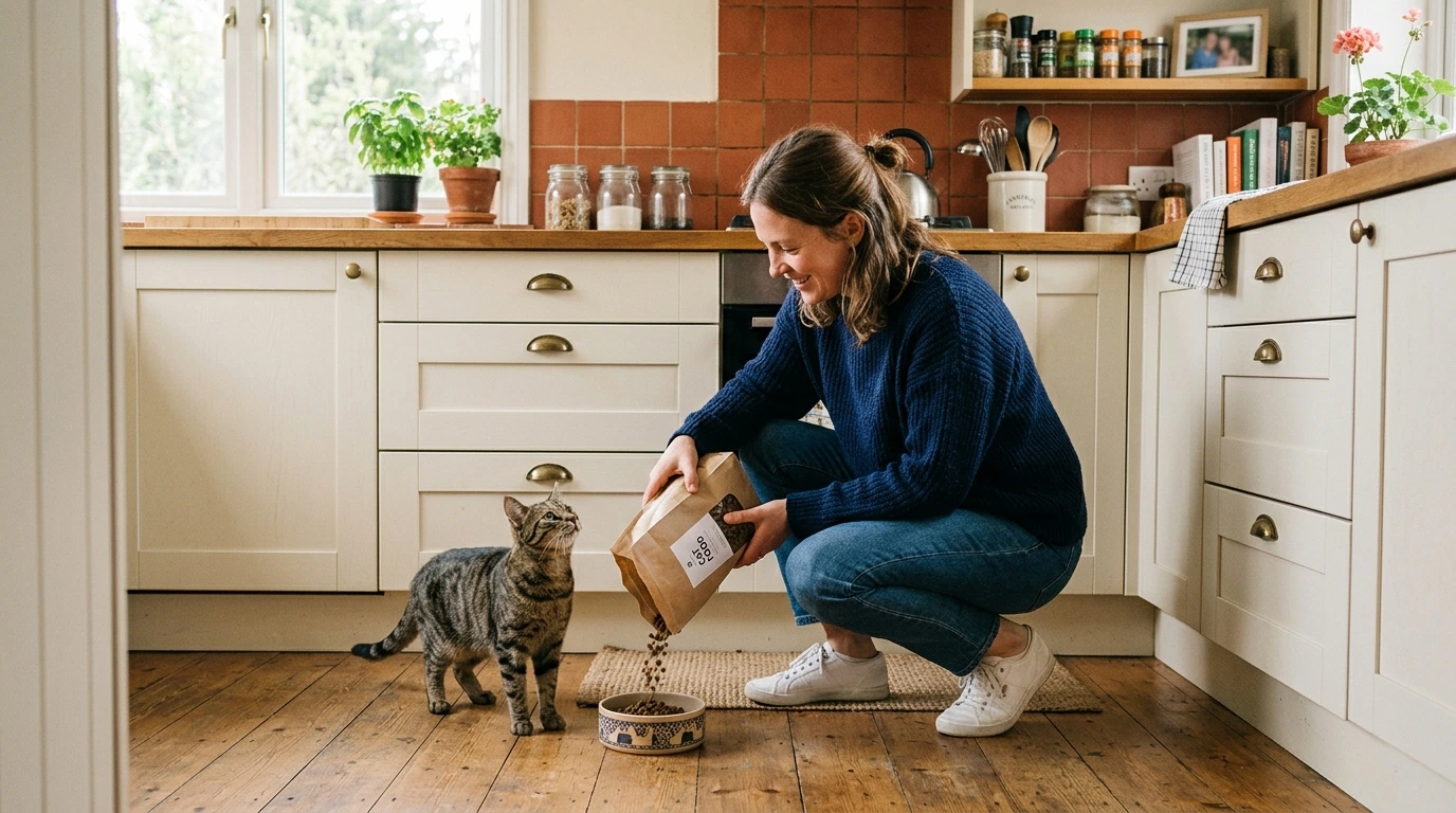 Maîtresse qui nourrit son chat à la maison