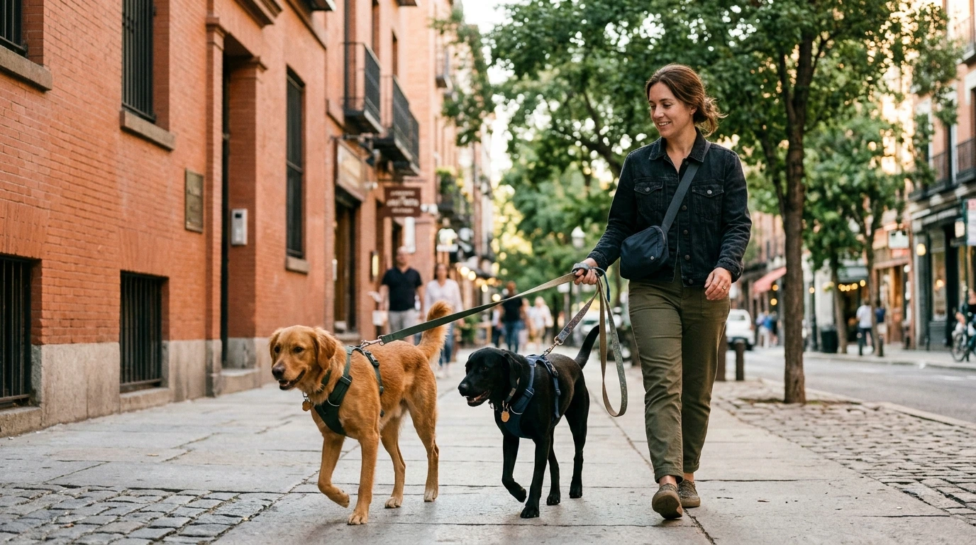 Chiens en promenade avec leur maître