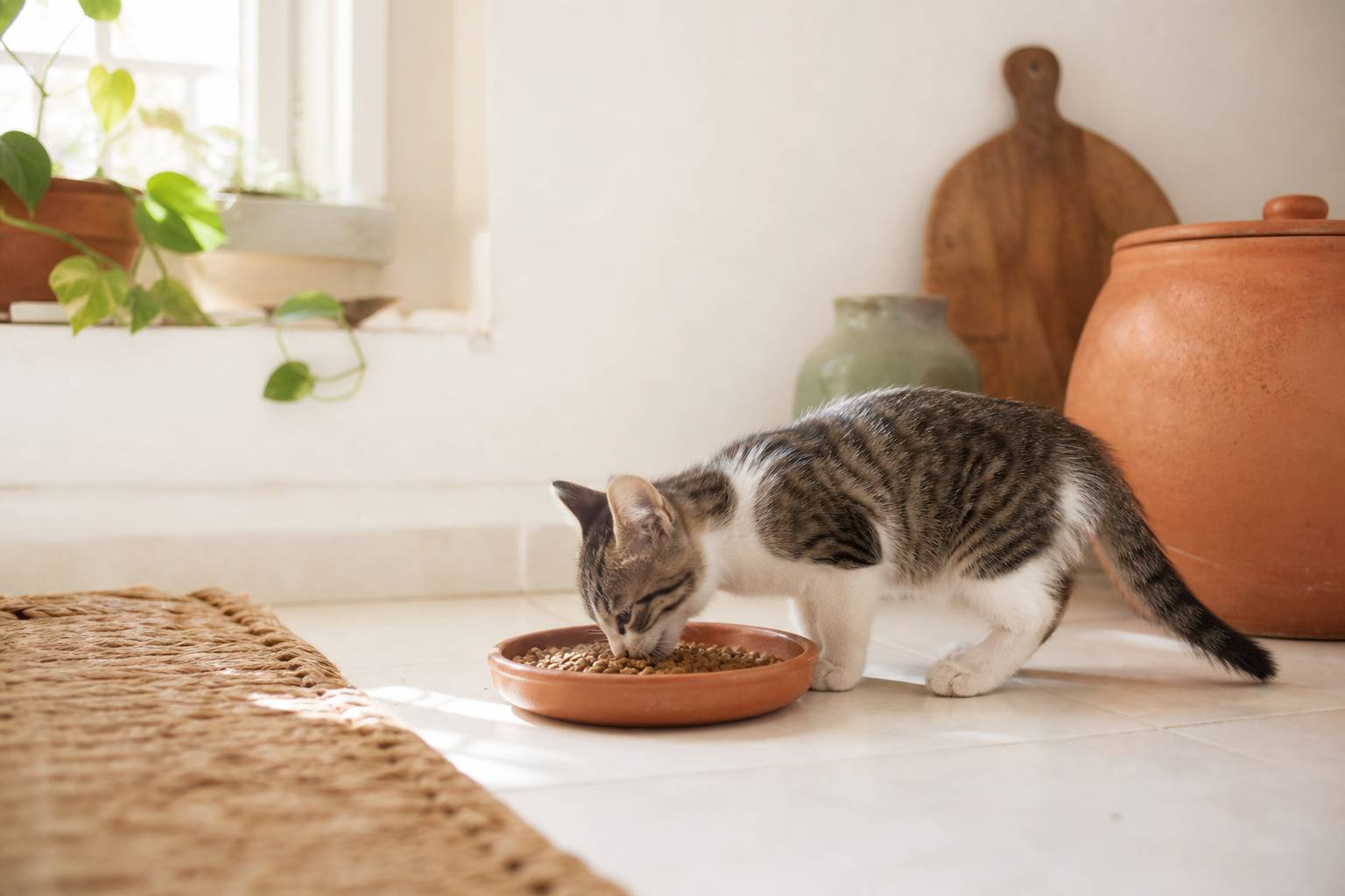 Jeune chaton devant sa gamelle de croquettes nutrition adaptée