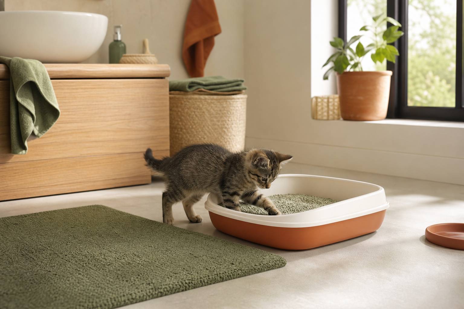 Petit chaton apprenant à utiliser la litière dans une salle de bain calme