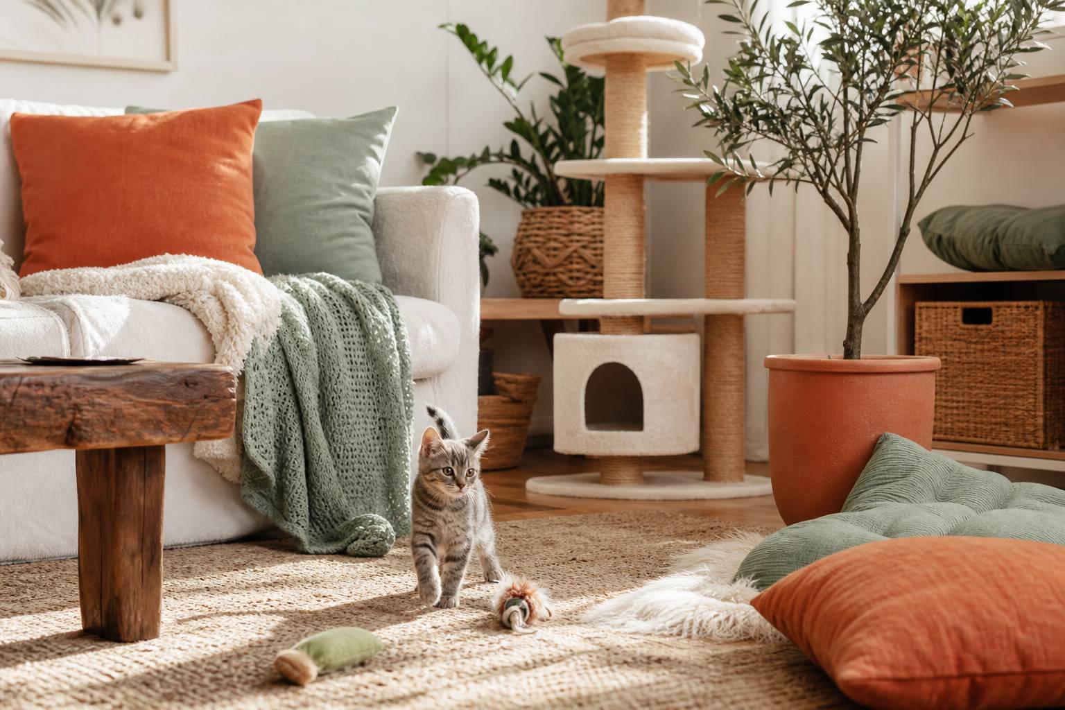 Nouveau chaton découvrant le salon avec arbre à chat et jouets