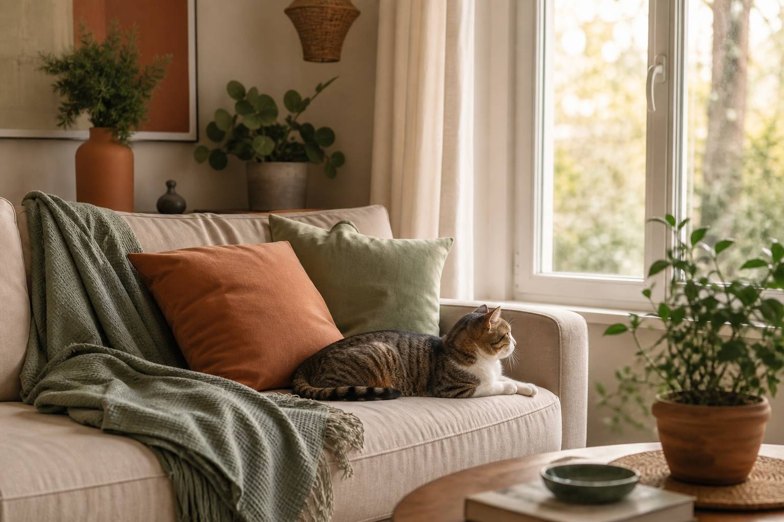 Chat relaxant sur un canapé dans un appartement cosy regardant par la fenêtre