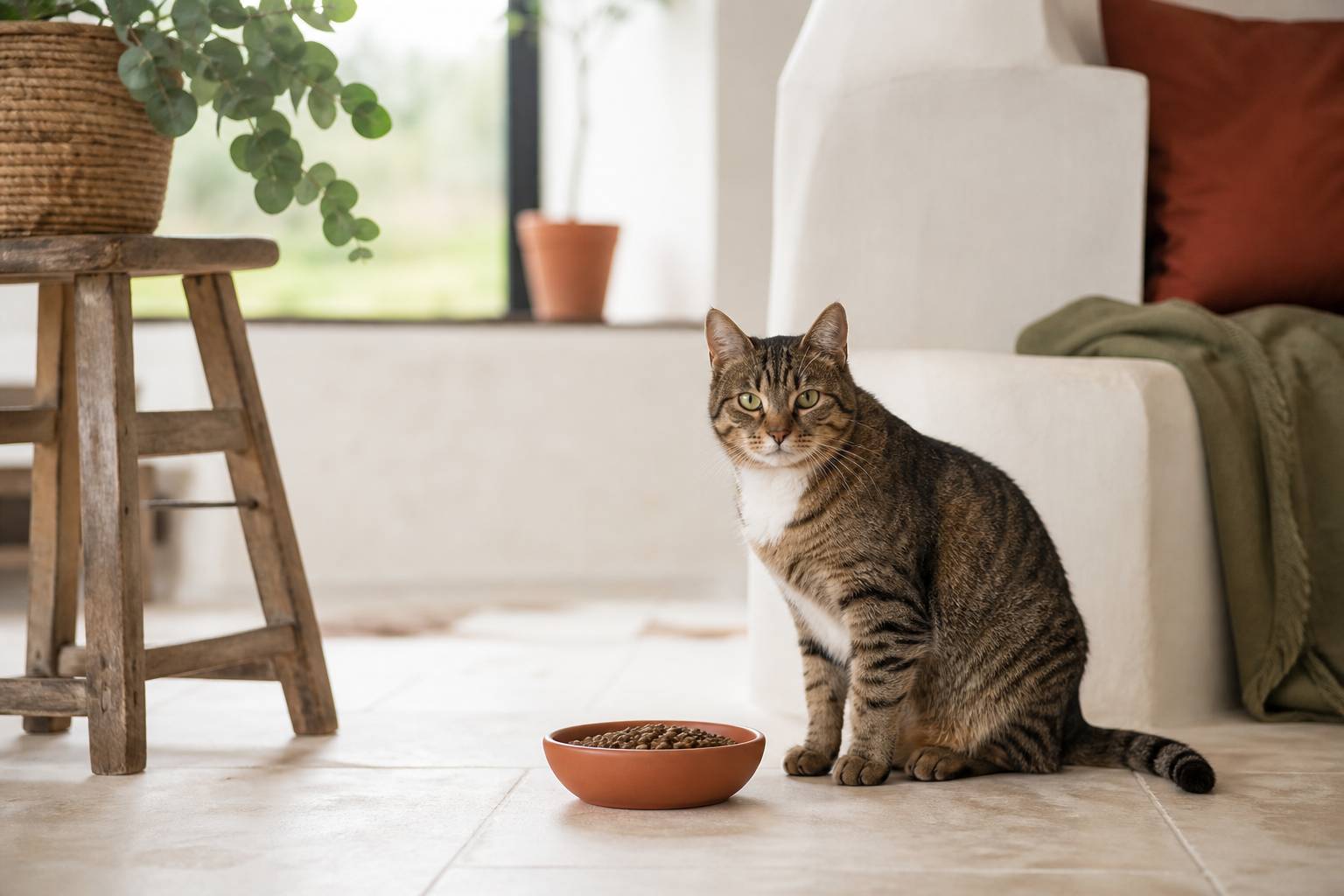 Chat stérilisé devant sa gamelle diététique alimentation équilibrée
