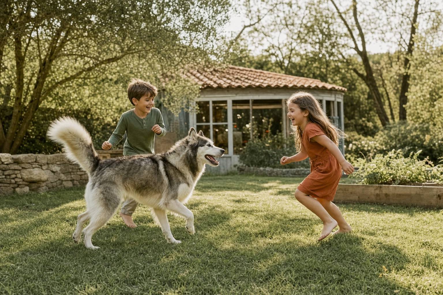 Chien de famille jouant avec des enfants moment de complicité en extérieur