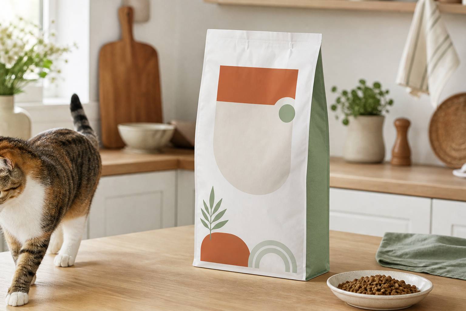 Sac de croquettes pour chat sur plan de travail avec étiquette des ingrédients