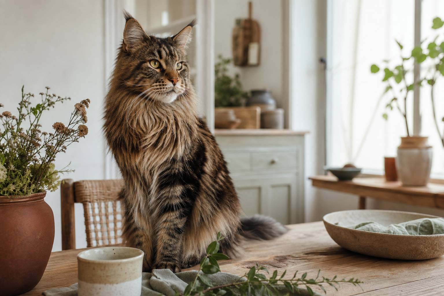 Grand chat Maine Coon dans intérieur chaleureux race imposante et affectueuse