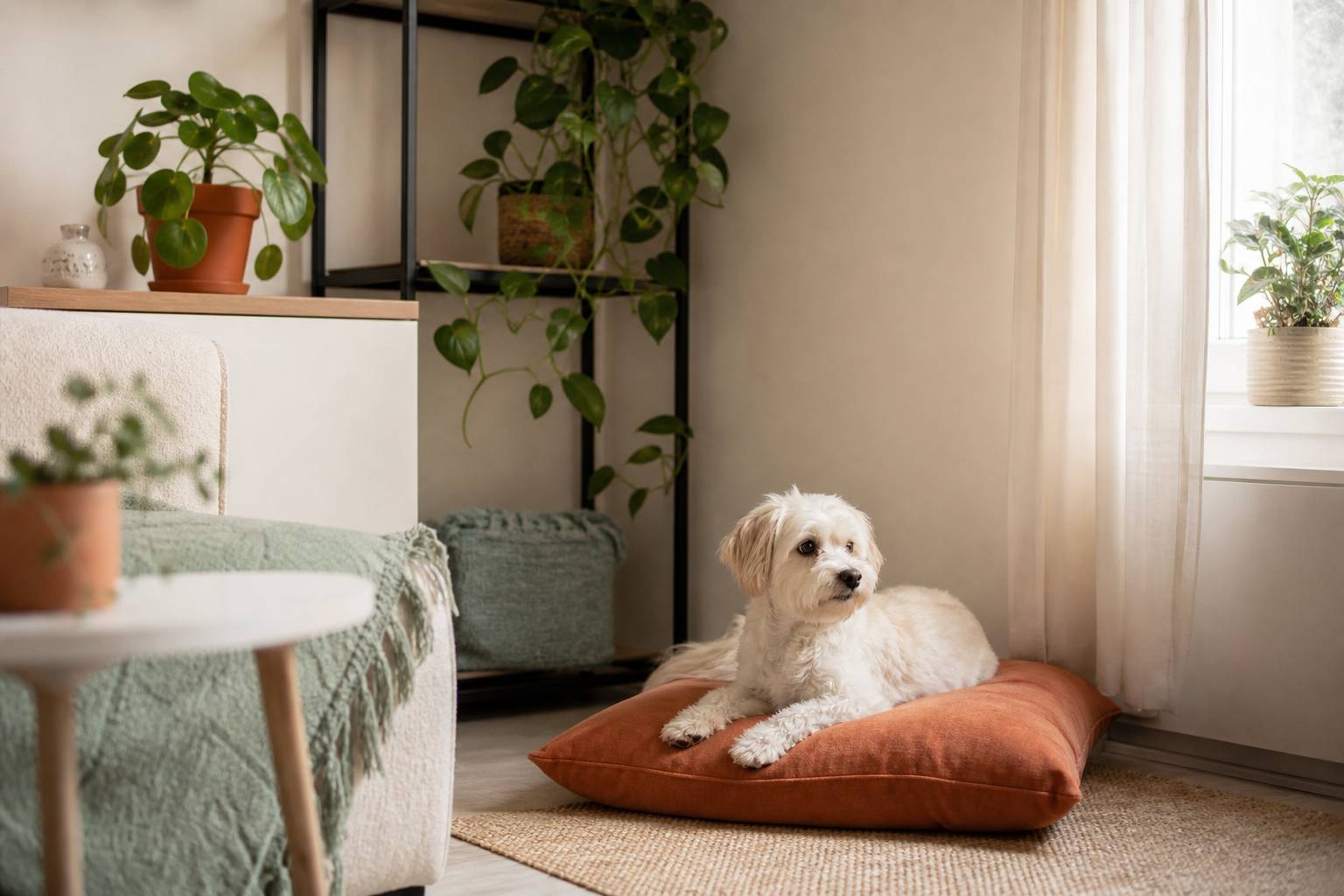 Petit chien confortable dans un appartement vue sur la ville