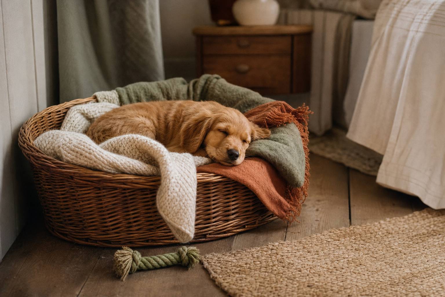 Première nuit du chiot avec couverture et jouet à mâcher