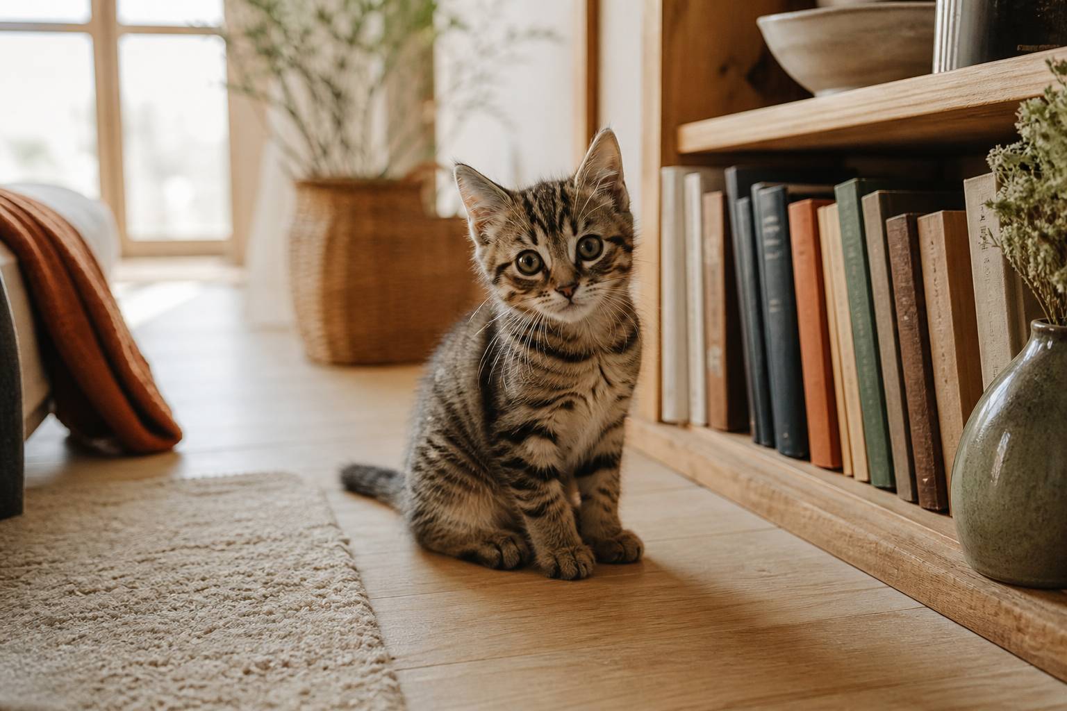 Chaton assis près d une bibliothèque, ambiance chaleureuse pour choisir un prénom