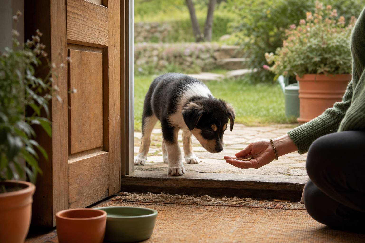 Jeune chiot sortant dans le jardin pour l apprentissage de la propreté avec friandises