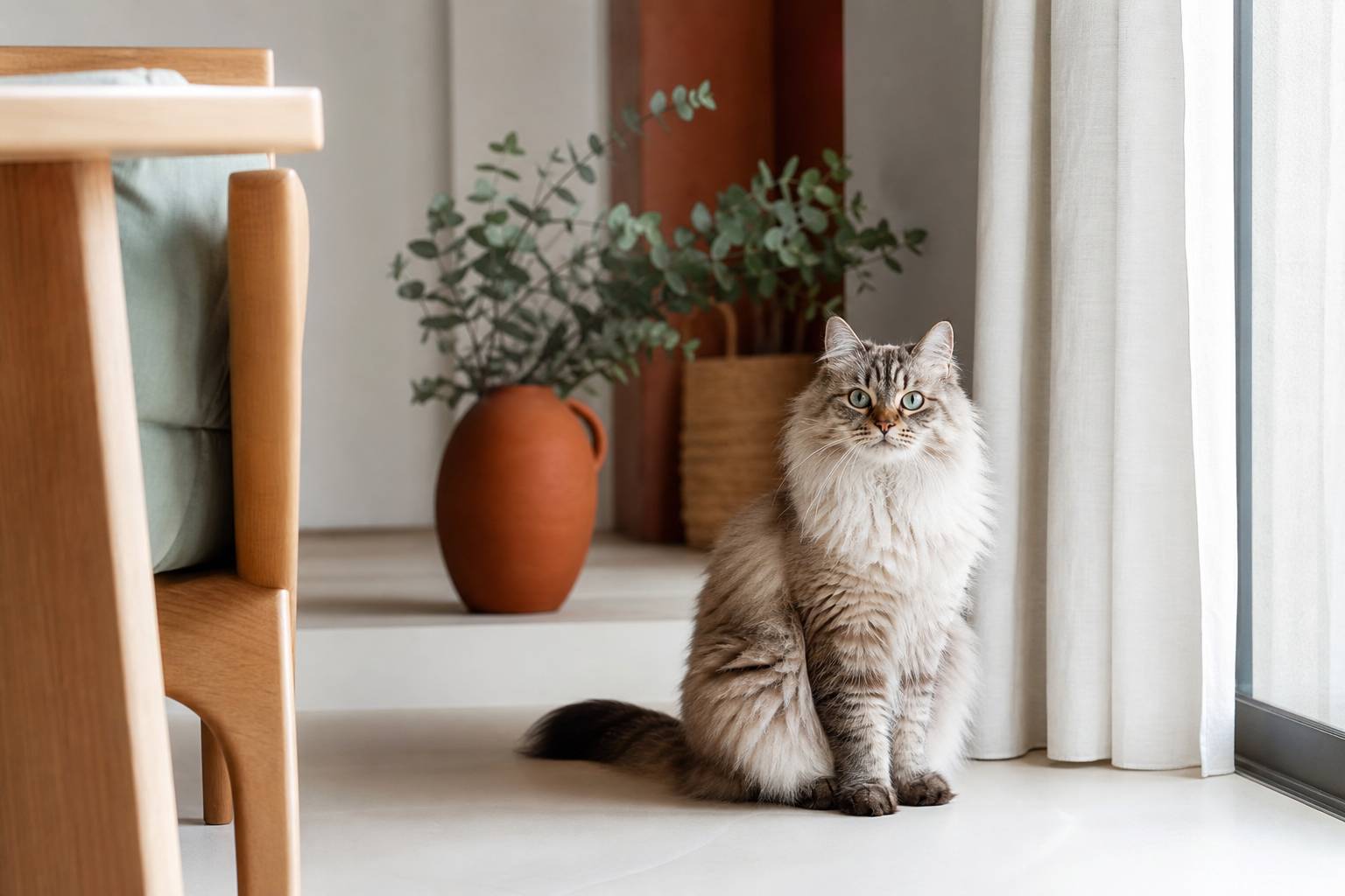 Chat réputé hypoallergénique dans un intérieur épuré et lumineux