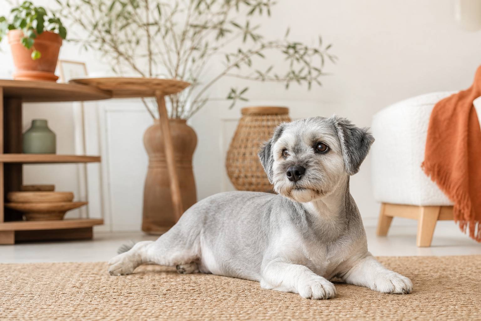 Chien à poil court hypoallergénique dans intérieur moderne et propre