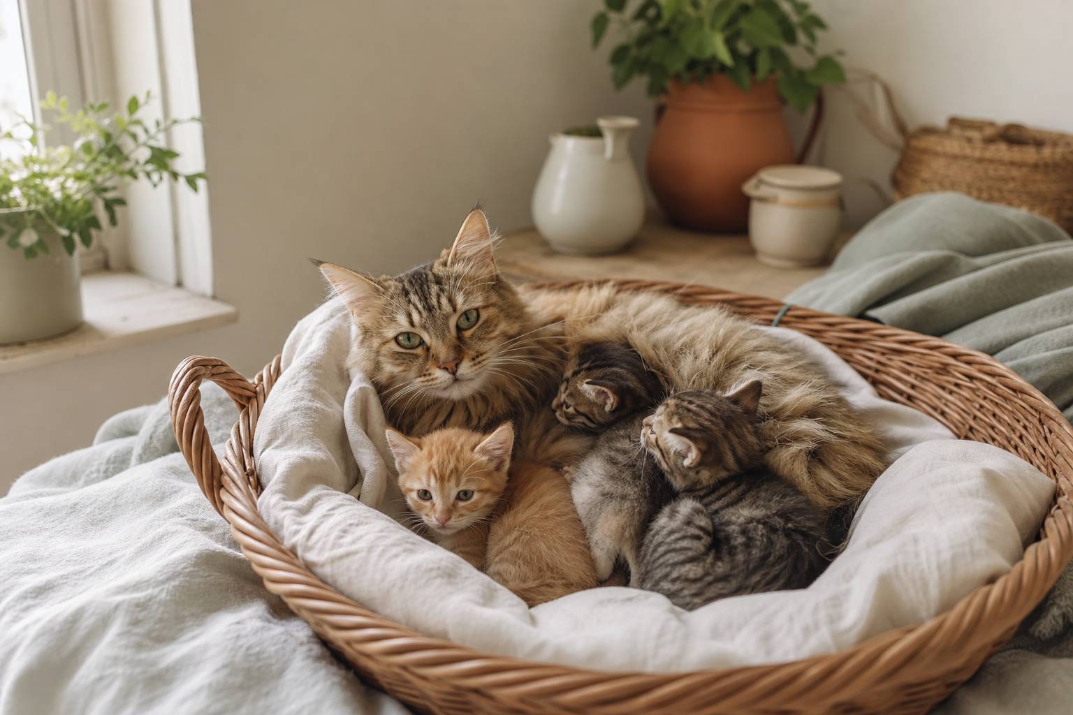 Maman chat avec ses petits dans un panier douillet moment de tendresse