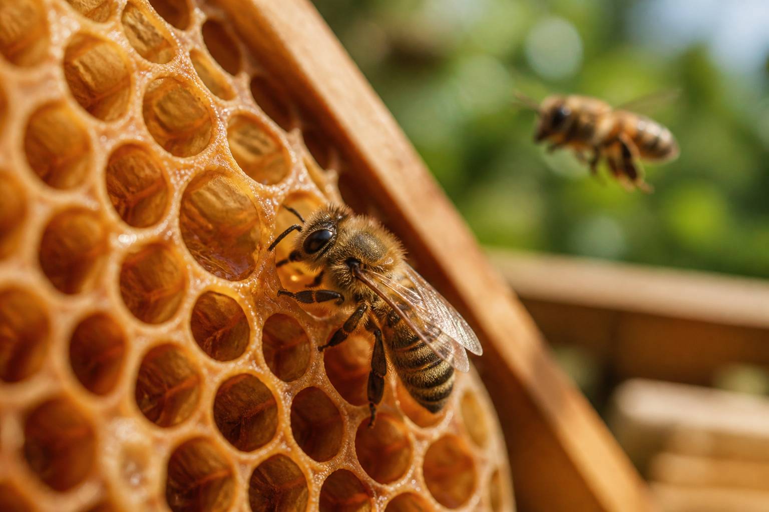 Abeille ouvrière posée sur un rayon de miel aux alvéoles dorées