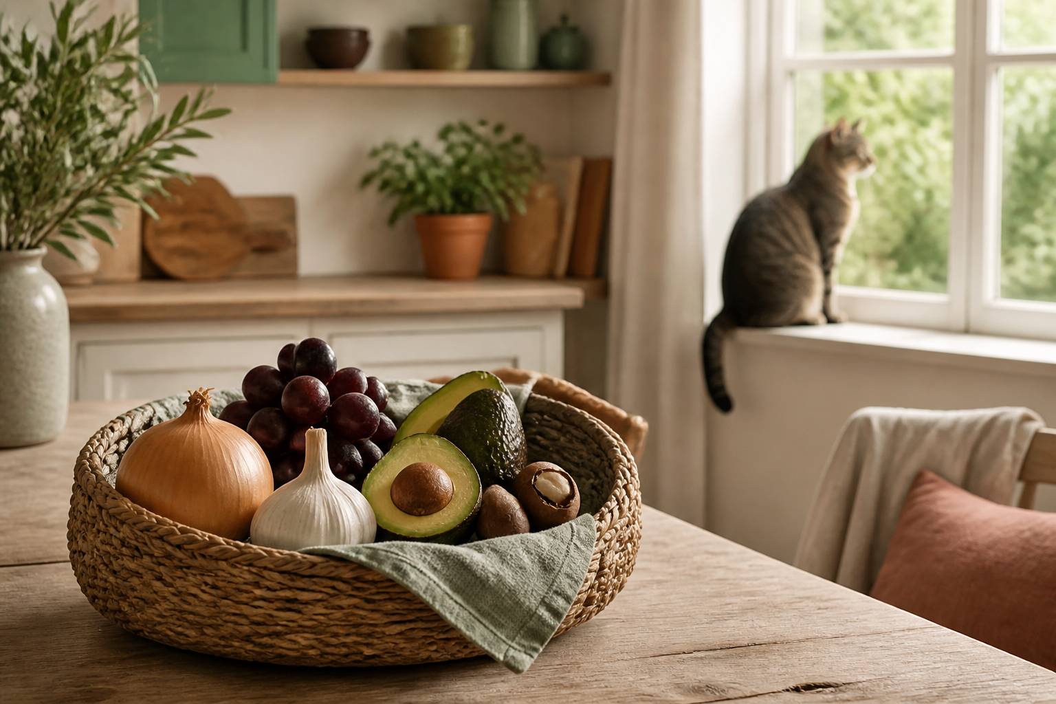 Panier d'ingrédients à écarter pour les chats avec oignon, raisin et avocat