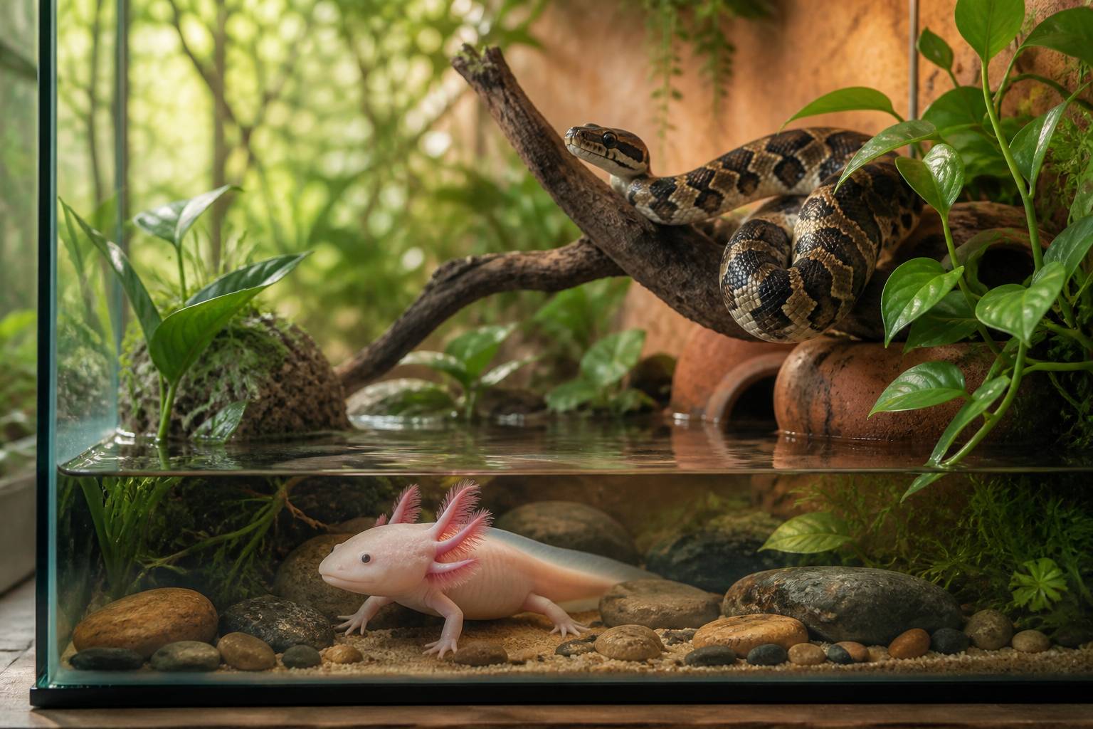 Axolotl rose et petit anaconda dans un terrarium planté