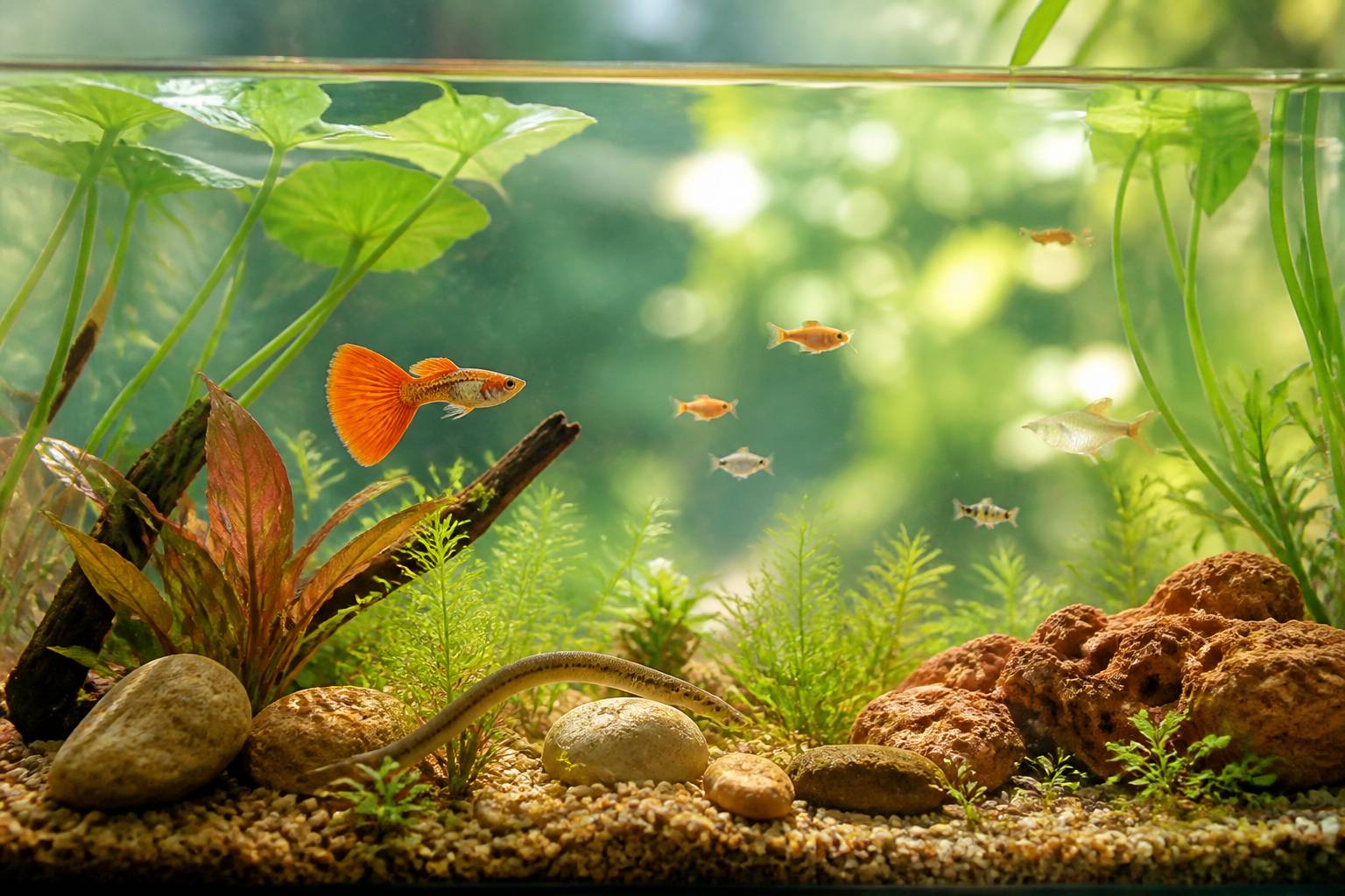 Guppy orange et anguille dans un aquarium planté