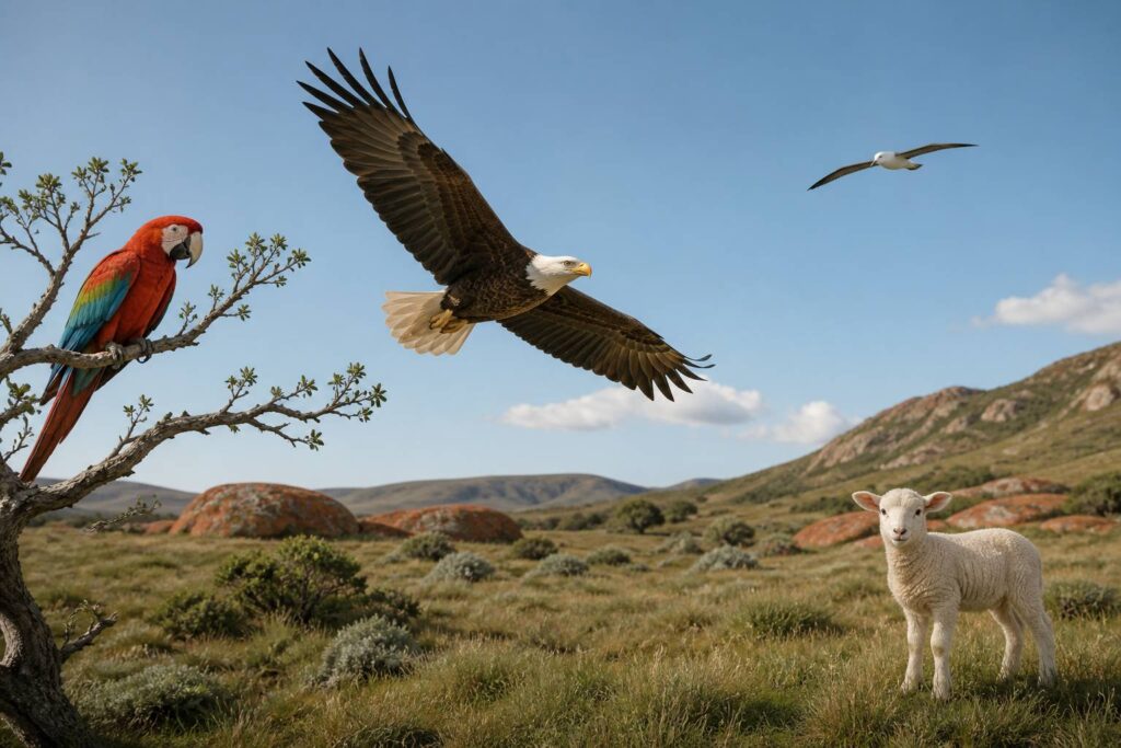 Aigle en vol, ara perché et albatros planant dans un ciel clair