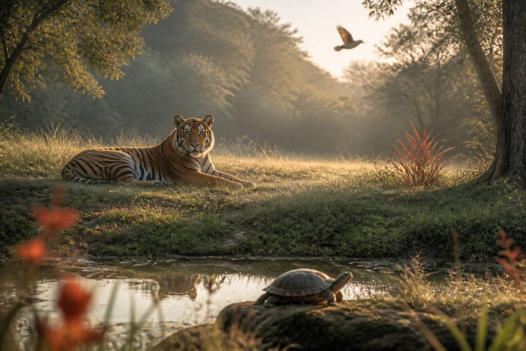 Tigre couché avec oiseau tropical et tortue dans une clairière