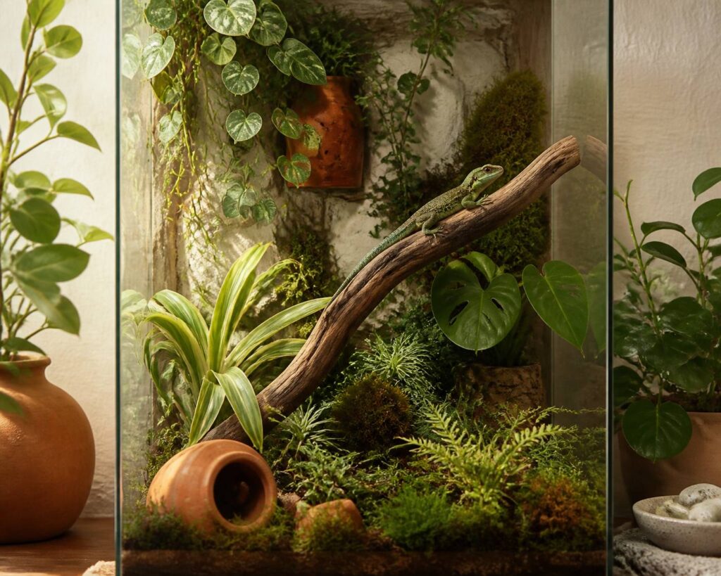 Petit lézard vert générique sur une branche dans un terrarium