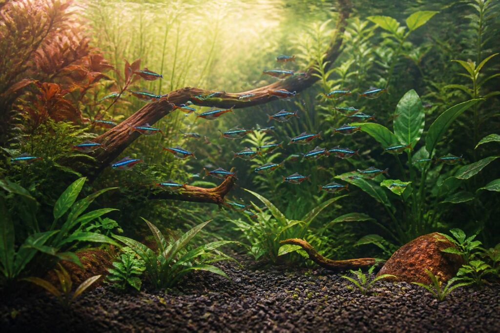 Aquarium d'eau douce planté avec banc de petits poissons néons bleus et rouges nageant parmi les plantes