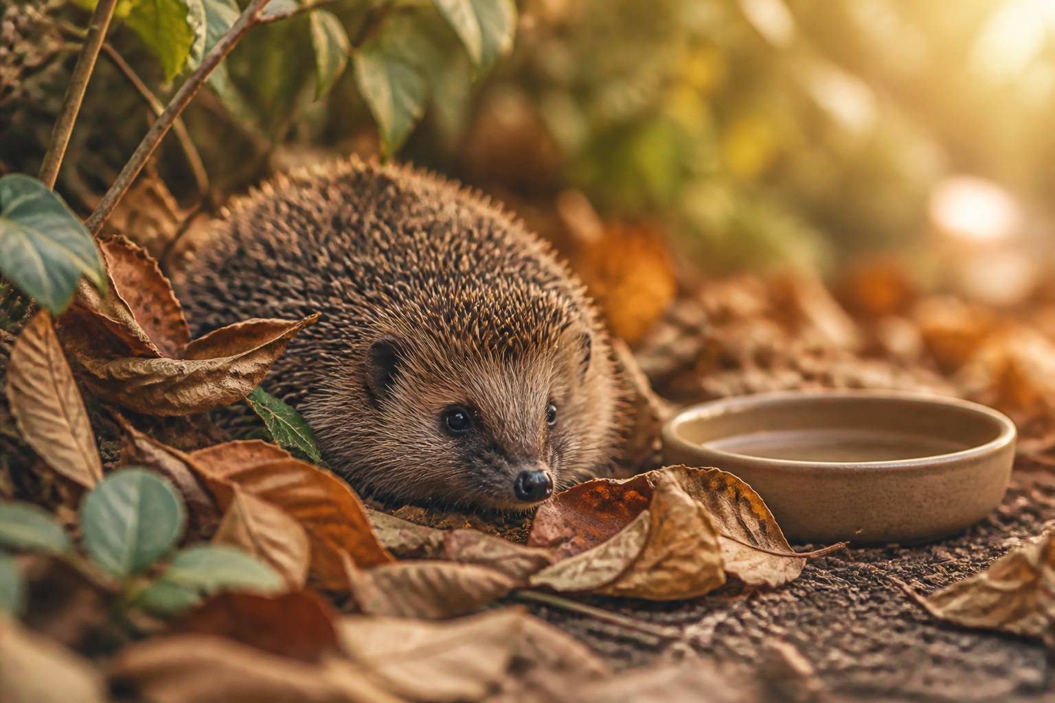 Bébé hérisson blotti dans des feuilles d'automne avec un bol d'eau