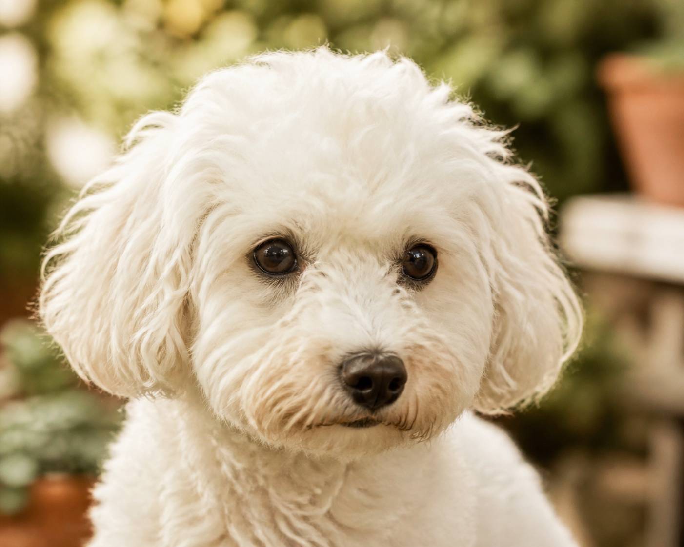 Gros plan sur la tête d'un petit chien blanc au poil frisé
