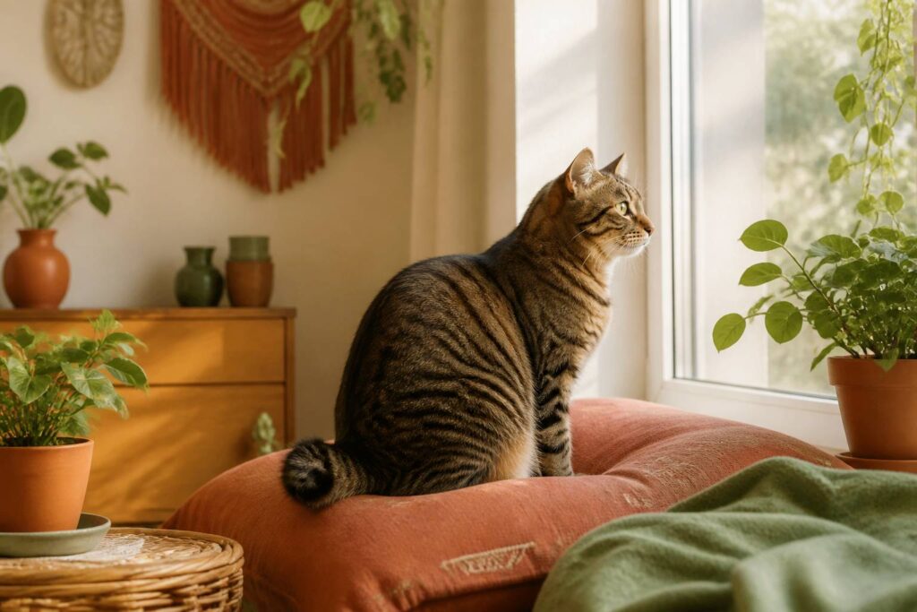 Chat Bobtail américain au pelage tigré et à la queue courte assis dans un intérieur