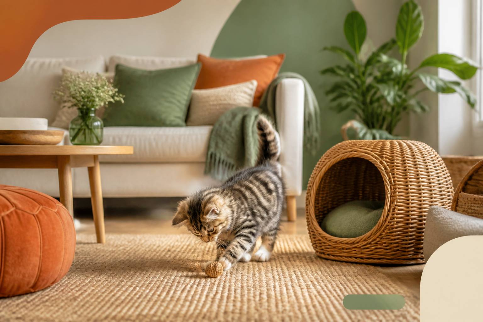 Chaton Bobtail américain jouant avec un jouet dans un salon chaleureux