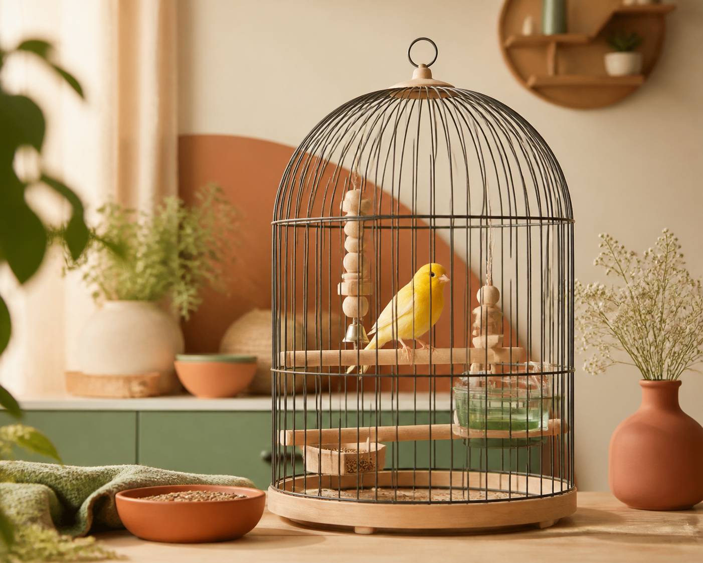 Canari perché dans sa cage avec coupelle de graines