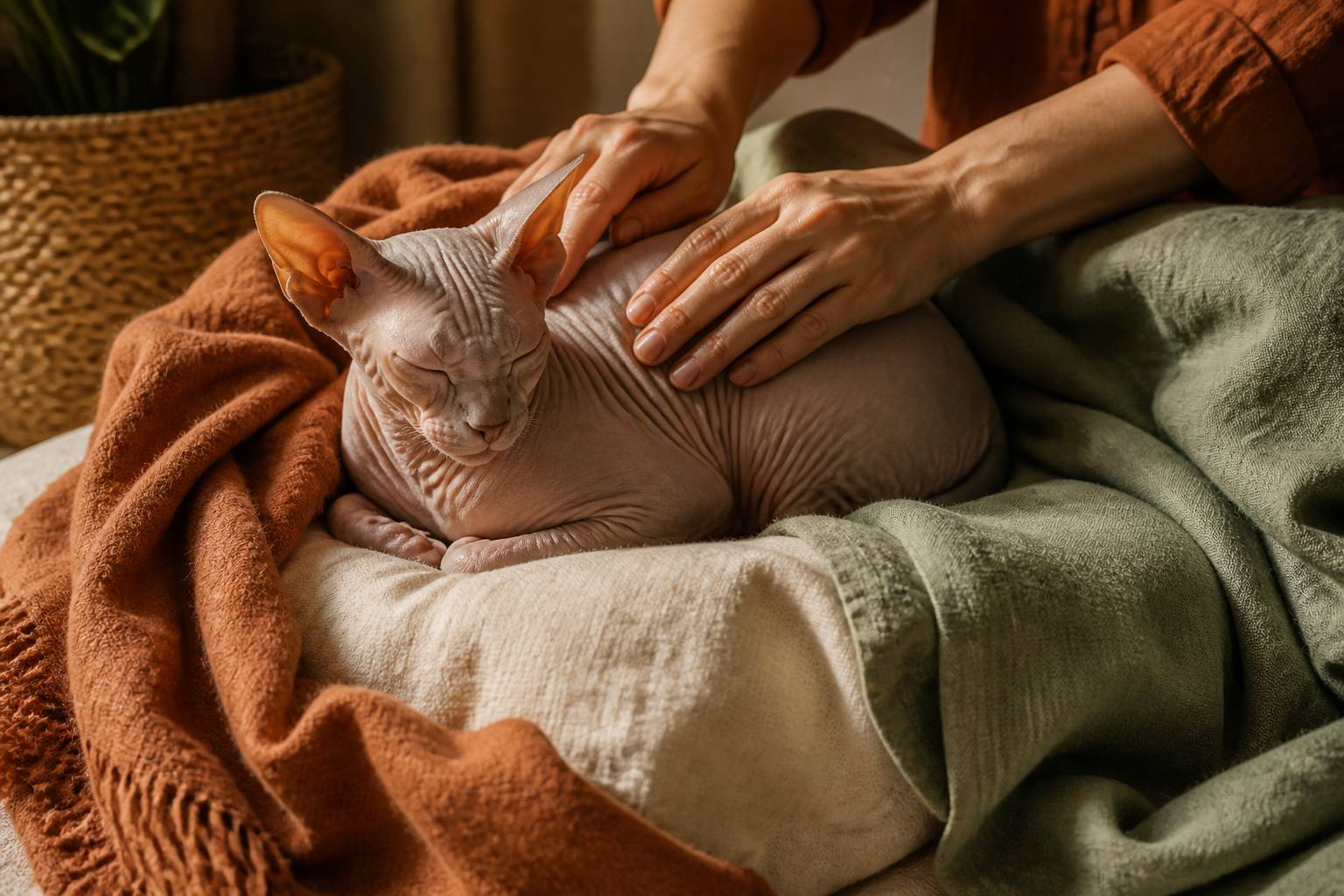 Mains caressant le dos d'un chat Peterbald à la peau nue