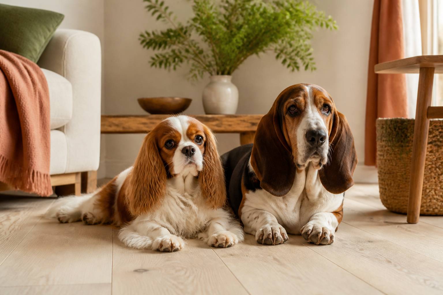 Cavalier King Charles et basset hound couchés côte à côte