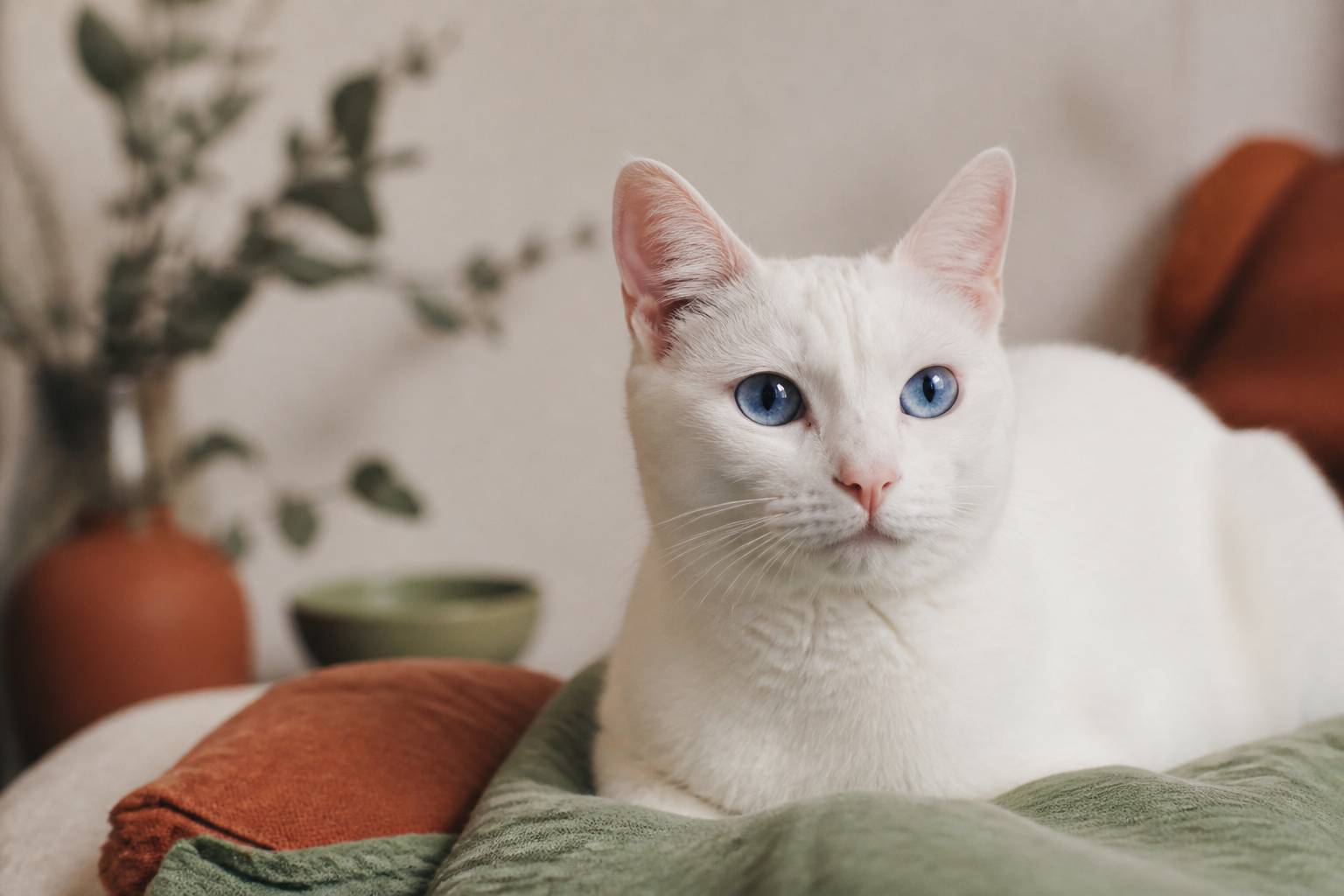 Visage d'un chat blanc aux yeux bleus avec les oreilles roses dressées