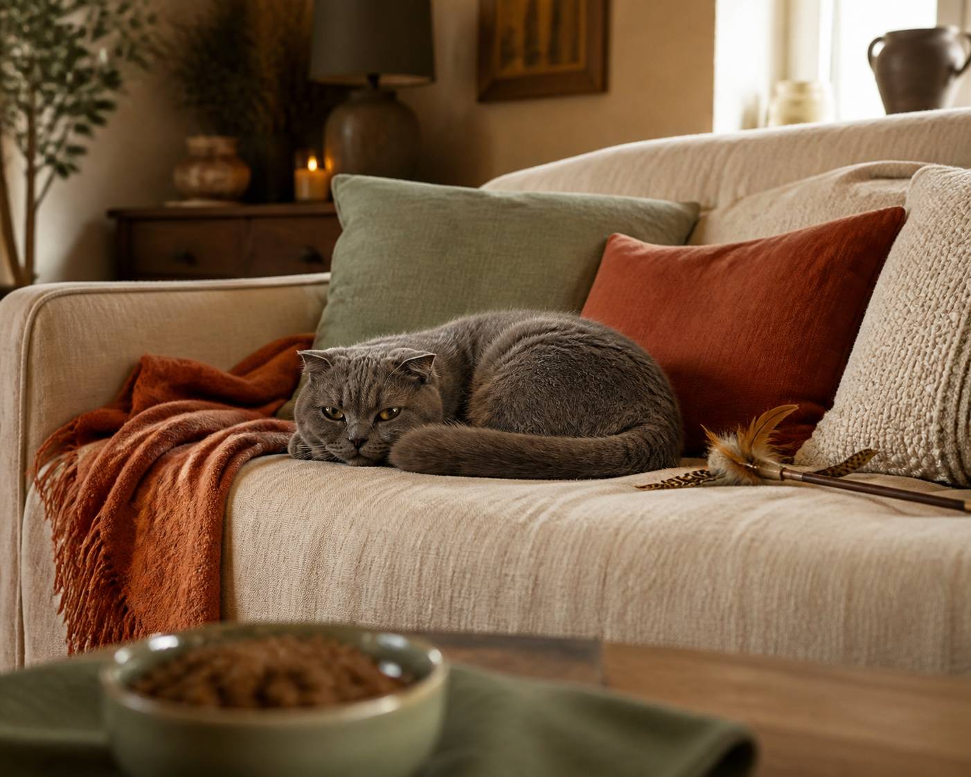 Chat gris couché en boule sur un canapé, jouet délaissé et gamelle pleine