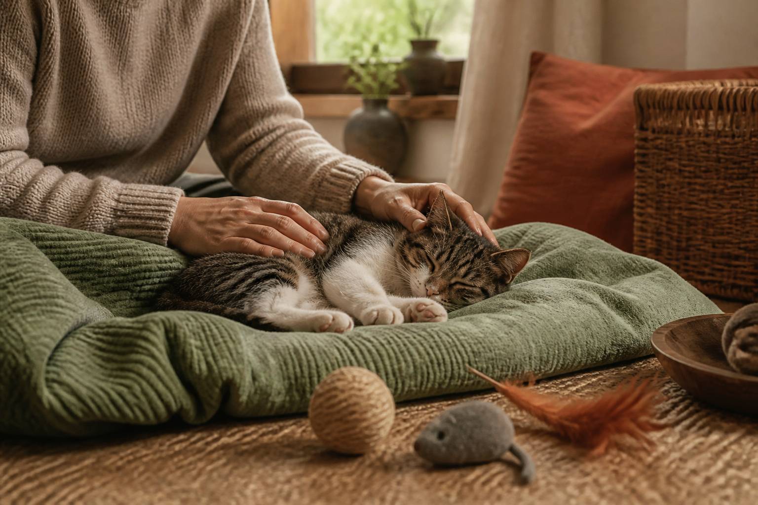 Mains caressant un chat endormi sur un plaid sauge dans un intérieur cosy