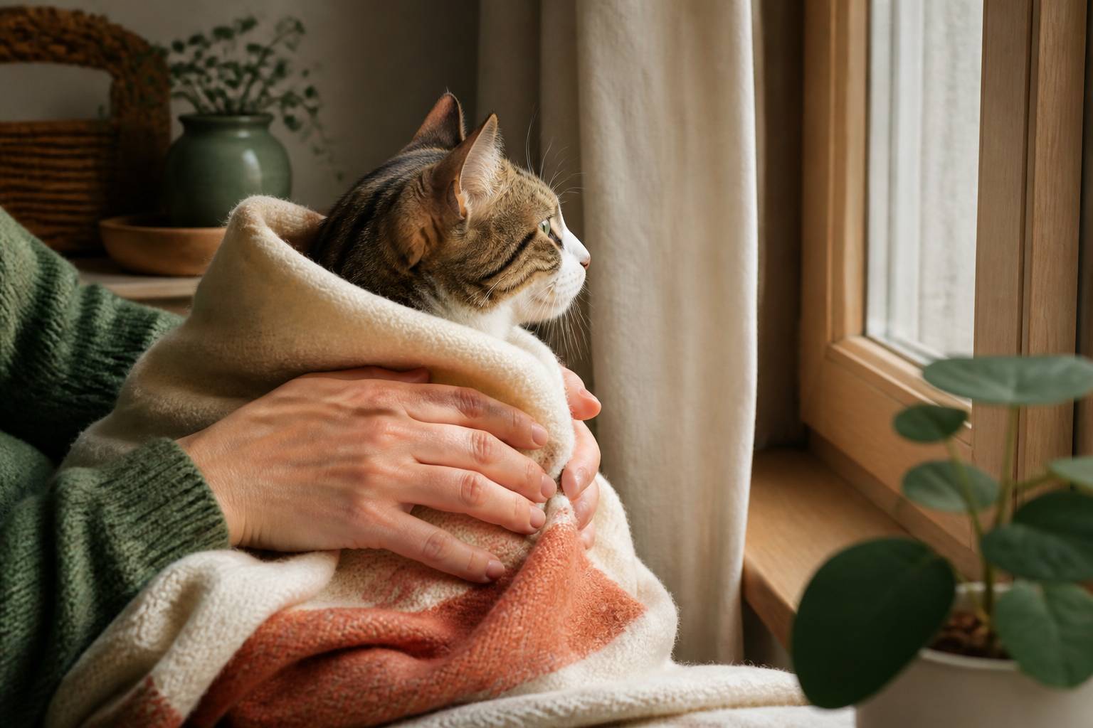 Mains enveloppant doucement un chat dans une couverture