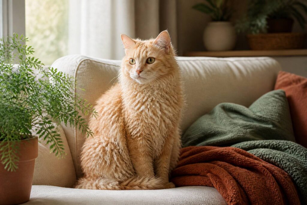 Chat LaPerm aux poils bouclés sur un canapé