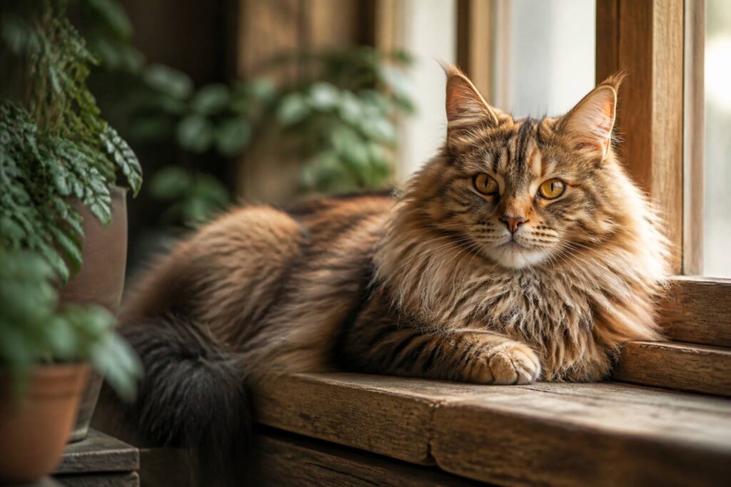Chat Maine Coon au pelage épais posé sur un rebord de fenêtre