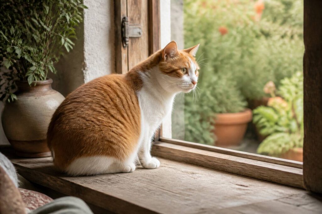 Chat Manx roux et blanc sans queue assis près d'une fenêtre
