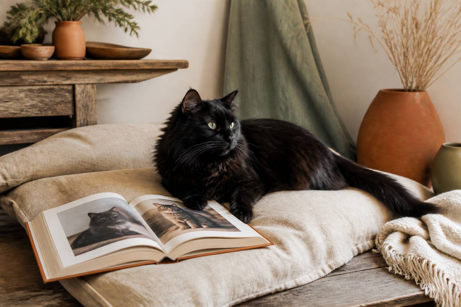 Chat noir à poil long allongé sur un coussin en lin