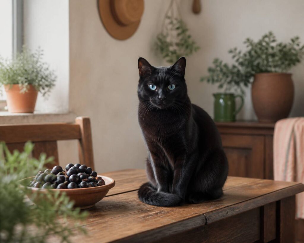 Chat noir au pelage brillant et aux yeux bleus assis sur une table en bois rustique